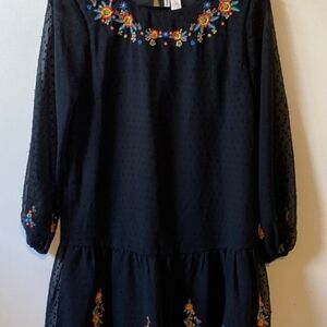 Beautiful embroidered black dress with sheer sleeves